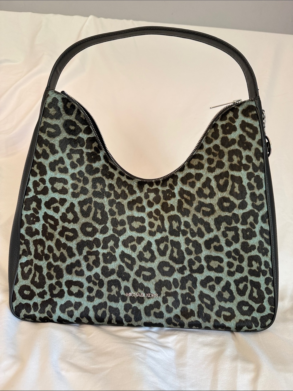Michael Kors Nayla Gray Leopard Shoulder Bag with Black Trim